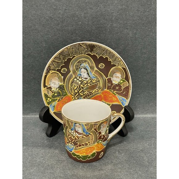 Antique ORNATE GOLD MORIAGE SATSUMA Japanese Porcelain IMMORTALS Cup Saucer - Picture 1 of 6